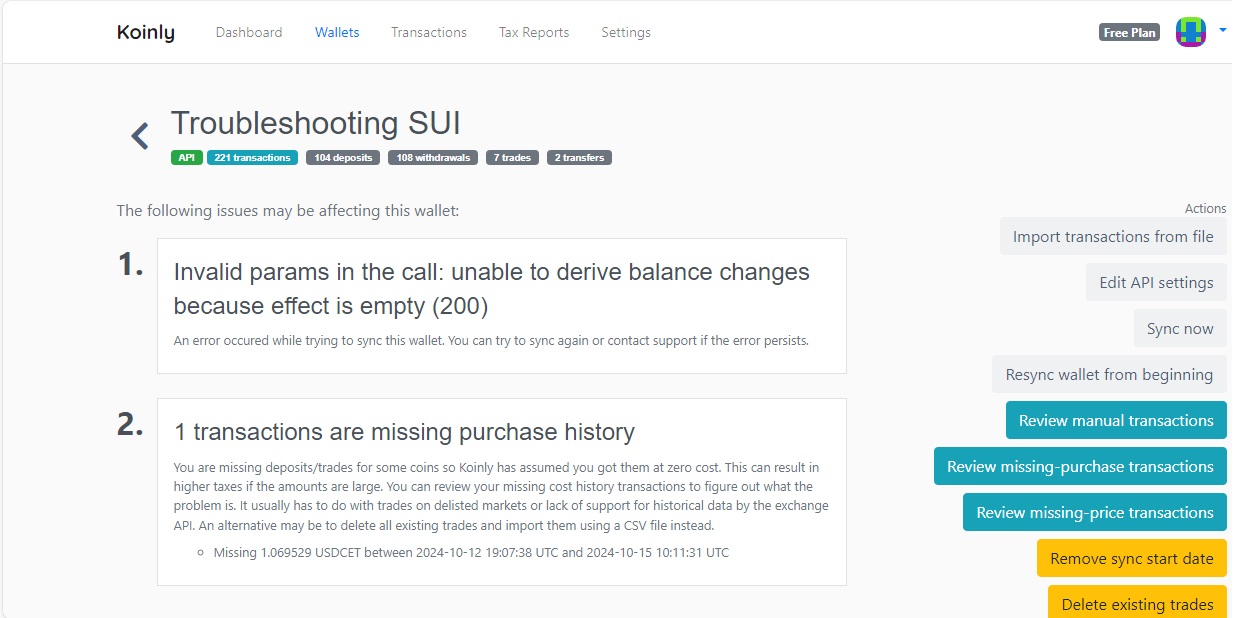 Sui sync failing sync failed koinly support koinly